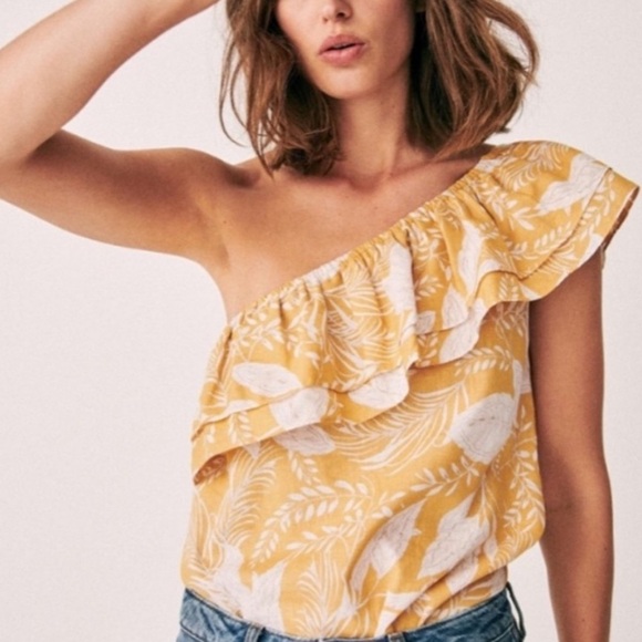Sezane Linen Adeline One Shoulder Ruffle Top Blouse Yellow Size 42 French US 10 - Picture 2 of 13